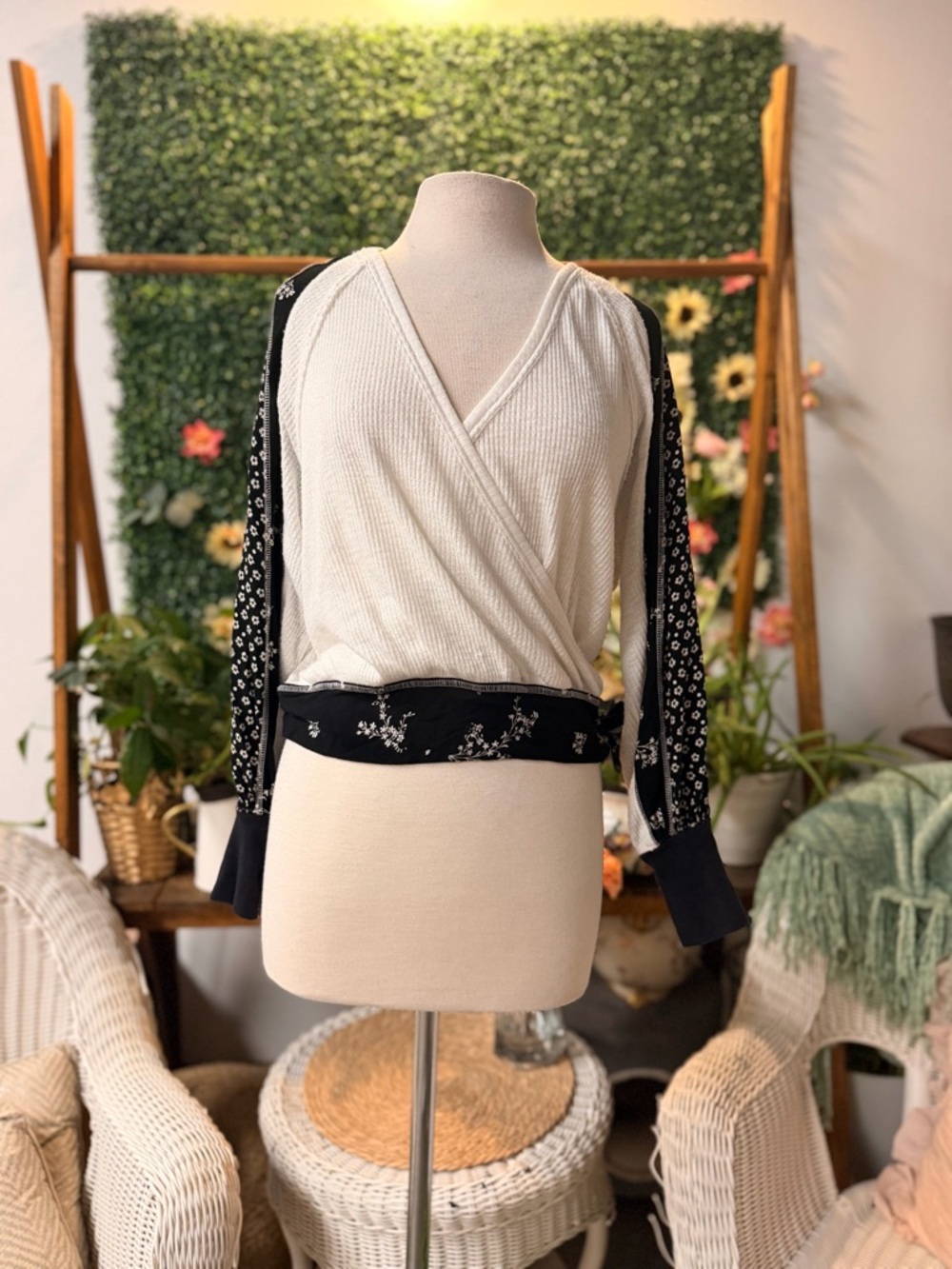 Free People Cream Ribbed Wrap Top with Black Floral Trim
